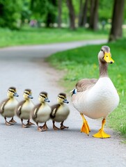Fototapeta premium Mother duck leading adorable ducklings on a stroll through the park