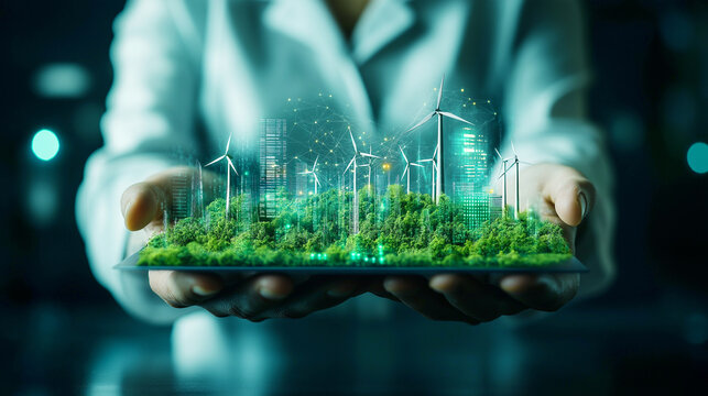 Scientist holding a holographic projection of a green energy ecosystem.