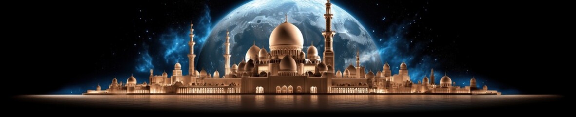 Celebrating the essence of Ramadan with a stunning mosque illuminated against a celestial backdrop