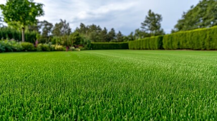 Obraz premium Close up view of vibrant green artificial grass lawn, soft focus on the background, showing well maintained hedges and trees, soft natural light and