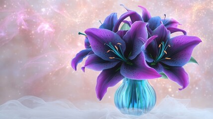 Vibrant purple lilies in blue glass vase with dreamy sparkling background
