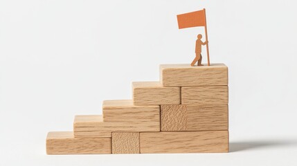 Person Holding Flag on Wooden Blocks Representing Achievement and Growth
