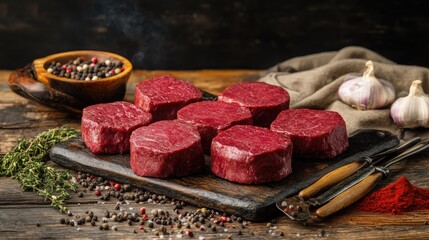 A range of raw beef steaks with spices and utensils, prepared for grilling and arranged for a delicious grilling experience