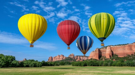 Fototapeta premium Four colorful hot air balloons float over a grassy field, with a backdrop of red rock mountains under a partly cloudy blue sky. The balloons are