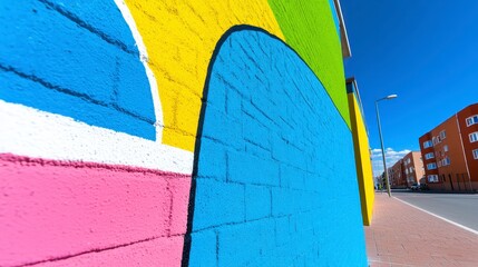 Colorful street mural painted on a brick wall, featuring vibrant hues of yellow, green, blue, and pink, with abstract arch shapes. The mural is