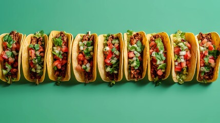Delicious Mexican tacos with cheese, salsa, and toppings, captured in an illustrated style for culinary designs, in a whimsical cartoon style.