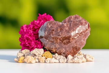 Heart-shaped stone amidst pink flowers and pebbles on bright green background
