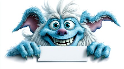 Fototapeta premium Happy Blue Creature with Large Ears and Friendly Smile Holds Sign