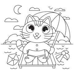 The cute cat goes on a beach vacation coloring page.