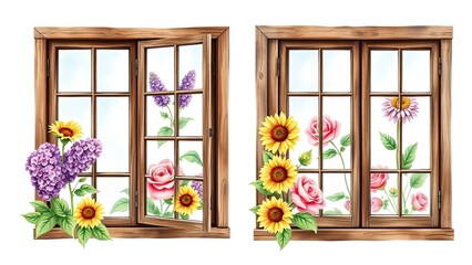 Watercolor Sunflowers Roses Lilacs Decorated Wooden Windows Spring Floral Illustration