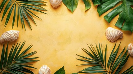 Tropical summer background with palm leaves and seashells on a warm sandy colored textured surface. Perfect for summer theme designs.