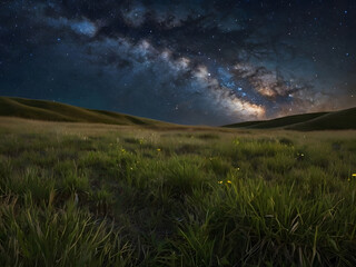 Milky Way Over Grassland: A breathtaking panorama of the Milky Way galaxy arching over a serene grassland, illuminated by a carpet of fireflies, creates a magical scene. The vibrant tapestry of stars.
