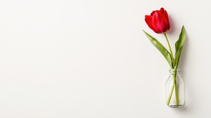 Obraz premium Elegant Red Tulip in Glass Vase on Minimalist White Background for Fresh and Simple Decor