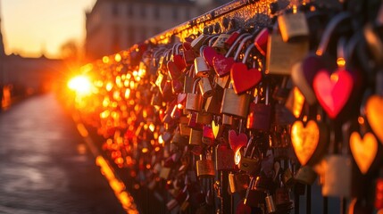 Naklejka premium A romantic bridge covered in heart-shaped love locks, each representing a unique love story, with the warm sunlight casting a golden glow over them