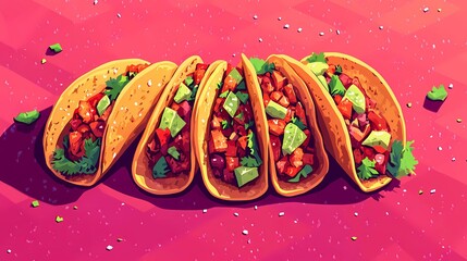 Delicious Mexican tacos with cheese, salsa, and toppings, captured in an illustrated style for culinary designs, in a whimsical cartoon style.