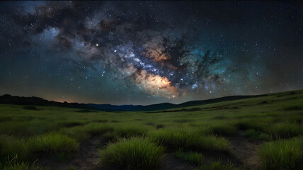 Milky Way Over Grassy Field: A breathtaking panoramic view of the Milky Way galaxy arching over a vast grassy field, under a dark night sky studded with twinkling stars.