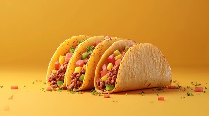 Delicious Mexican tacos with cheese, salsa, and toppings, captured in an illustrated style for culinary designs, in a whimsical cartoon style.