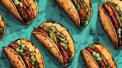 Delicious Mexican tacos with cheese, salsa, and toppings, captured in an illustrated style for culinary designs, in a whimsical cartoon style.