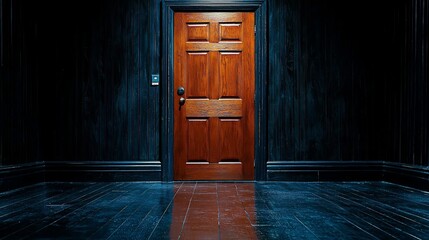 Dark room, wooden door, mysterious hallway, suspenseful atmosphere, film backdrop