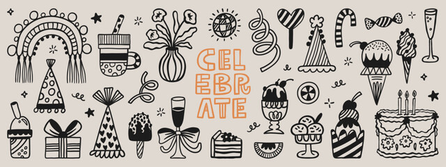 Party time and sweet desserts hand-drawn doodle elements. Vector set with birthday present, balloon, cake, cupcake and ice cream.