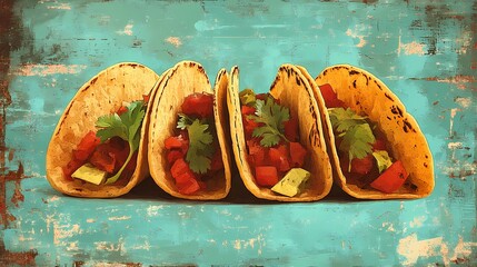 Delicious Mexican tacos with cheese, salsa, and toppings, captured in an illustrated style for culinary designs, in a whimsical cartoon style.