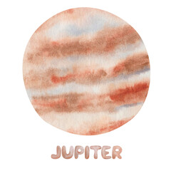 Watercolor illustration. Hand painted brown, orange planet Jupiter of Solar system with name. Space and outer space. Extraterrestrial object. World Space Week. National Space Day. Isolated clip art