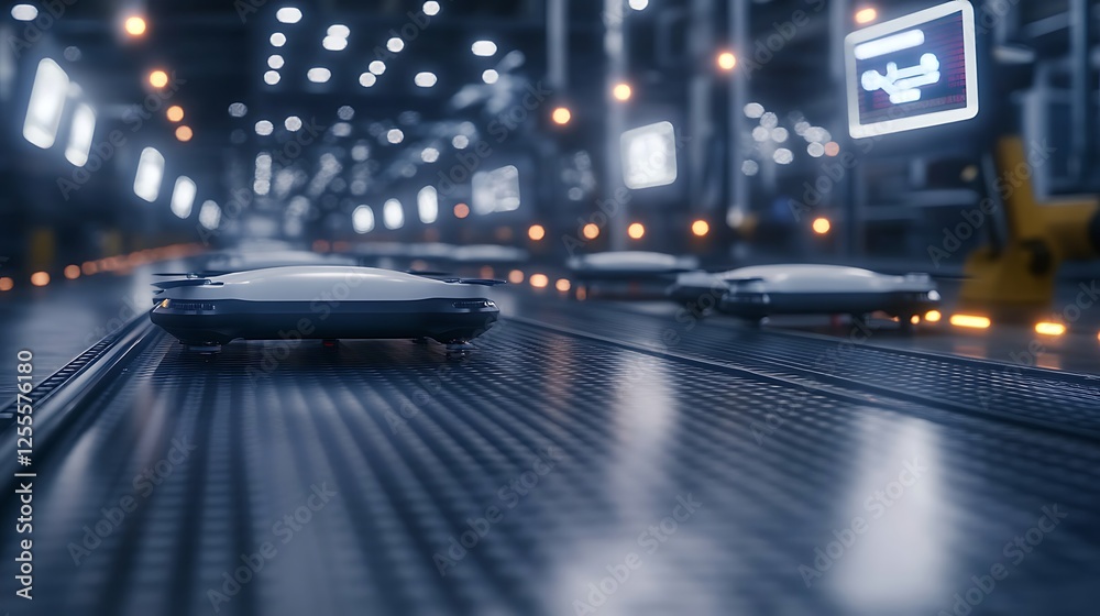 Poster Automated warehouse with robotic carts moving along a conveyor in a modern industrial setting.