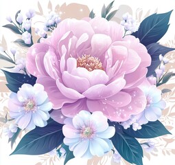 Obraz premium Vibrant pink peony with blue and white flowers in blooming floral arrangement