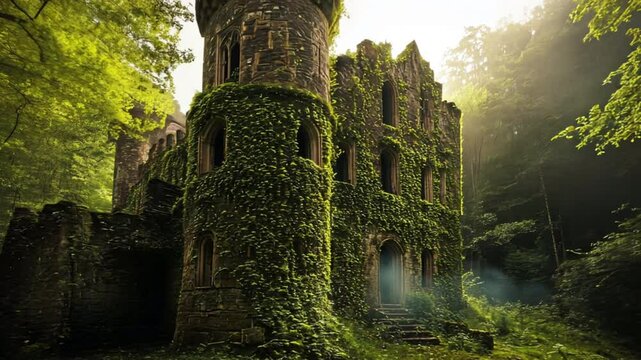 Enchanted Ruin: A majestic stone tower, cloaked in lush green ivy, stands sentinel amidst a verdant forest, bathed in the ethereal glow of the rising sun.