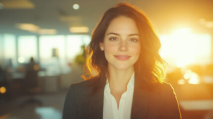 A purposeful business scene focusing on the womanâ€™s genuine smile, gentle hair motion, and a