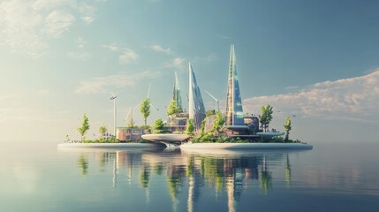 Obraz premium Sustainable Cityscape: Futuristic Eco-Island with Green Technology and Modern Architecture