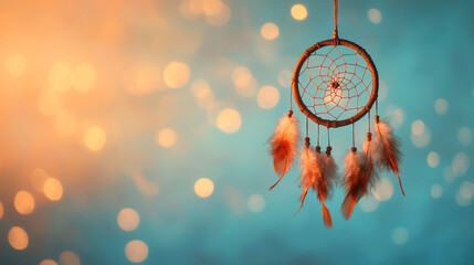 A still moment capturing a handcrafted dreamcatcher on a muted blue background, faint light