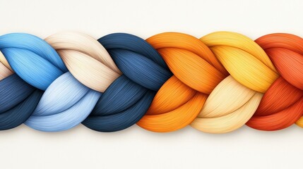 Colorful Hair Braid Design Featuring Blue, Yellow, Orange, and Warm Tones on a Light Background