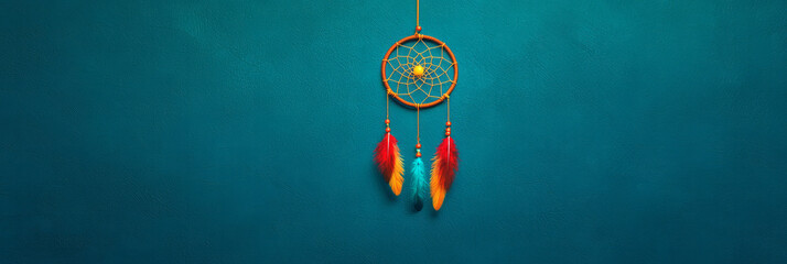 A bohemian-style dreamcatcher suspended before a weathered navy wall, each feather catching a