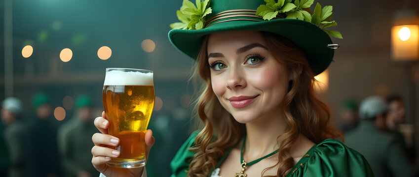 Soir&eacute;e de la Saint-Patrick, une jeune femme au chapeau vert pr&eacute;sente son verre de bi&egrave;re 