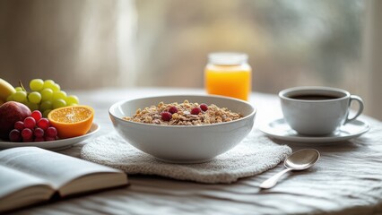 Beautifully Set Breakfast Table with Cereal and Fruit