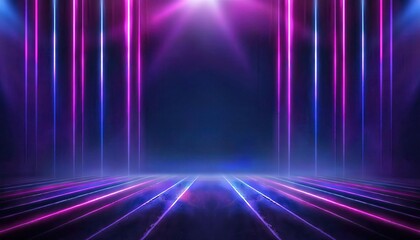 futuristic neon lit stage with glowing vertical light beams in vibrant pink and blue hues for virtual event design