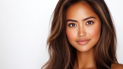 pretty brunette hair Caucasian woman with radiant flawless skin, facial and skincare  beauty industrial model portrait on soft light background