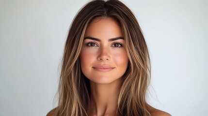 Naklejka premium pretty brunette hair Caucasian woman with radiant flawless skin, facial and skincare beauty industrial model portrait on soft light background