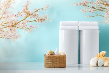 Spa serenity: elegant bathroom decor with cherry blossoms and seashell accents