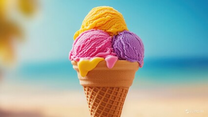 Three Scoops of Colorful Artisan Ice Cream on a Cone