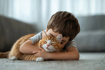 Fototapeta premium Little boy shares a warm hug with his cat indoors