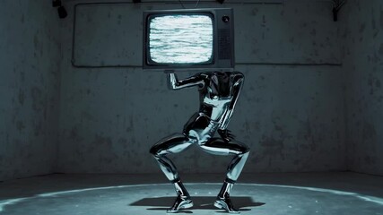 Shiny metallic robot dancing inside a dark, grungy concrete room with an old television as a head, the tv screen showing static noise, creating a surreal and futuristic atmosphere - Powered by Adobe