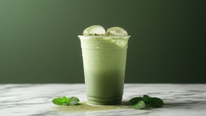 Refreshing Iced Matcha Latte with Mint Leaves
