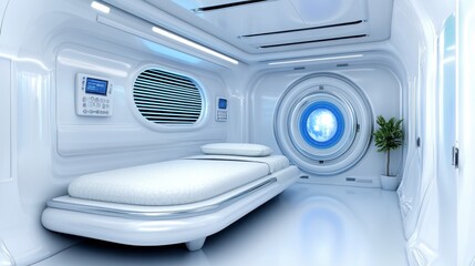 Futuristic white bedroom interior, showcasing a minimalist bed with white bedding, modern paneling and circular window features. The room is bright