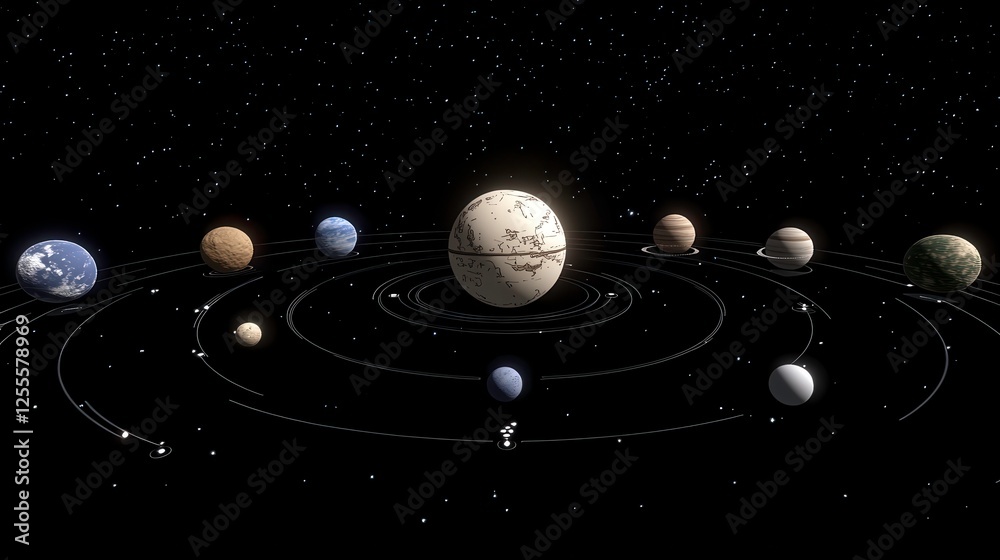 Wall mural exploring the solar system planets and orbits space 3d visualization cosmic environment wide-angle v