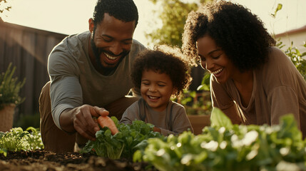 Family Gardening Together Collecting Fresh Organic Vegetables