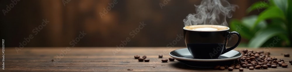 Wall mural Dark coffee, steam rising, rattan table texture, sophisticated, home, rustic