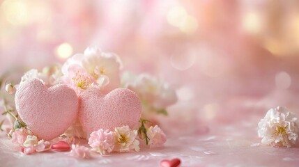 A romantic Valentine Day background with soft pink hues, heart patterns, and delicate flowers, creating a dreamy and affectionate atmosphere