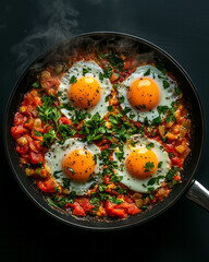 A steamy pan of shakshuka presented from above, with dollops of fresh herbs scattered over the